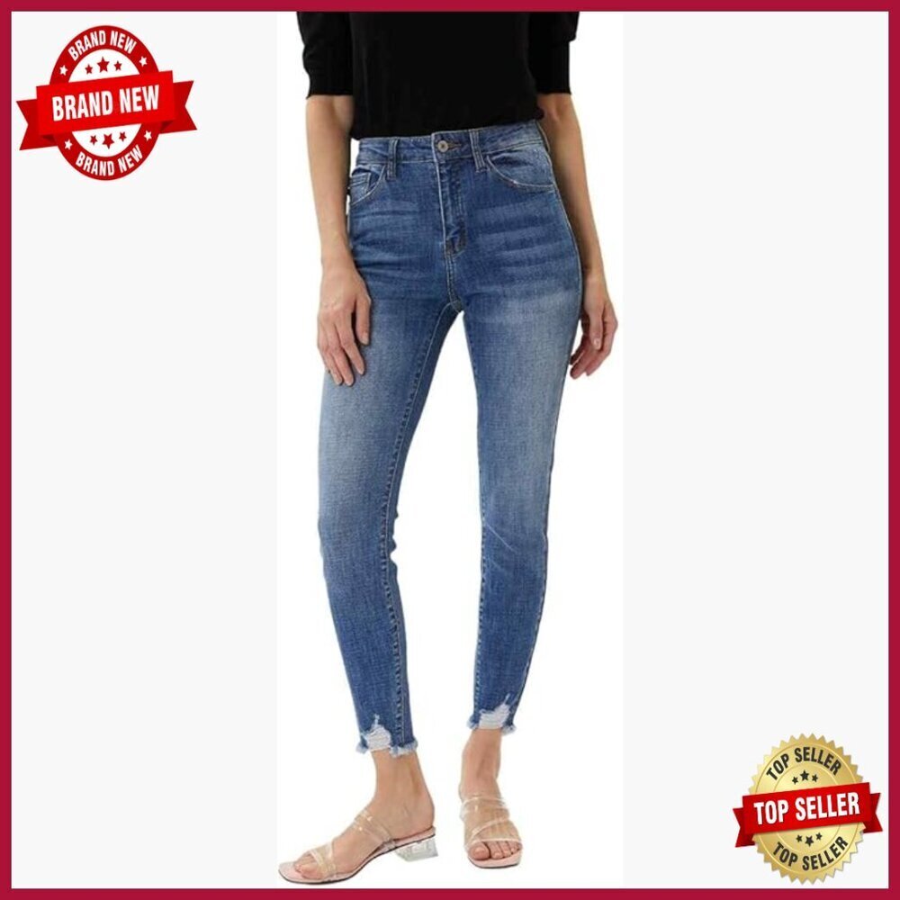 Mid Rise Distressed Ankle Skinny Jeans with Raw Hem